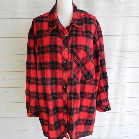 TERRA & SKY RED/BLACK PLAID BUTTON DOWN TUNIC BLOUSE TOP SZ 2X FLANNEL - Picture 1 of 3